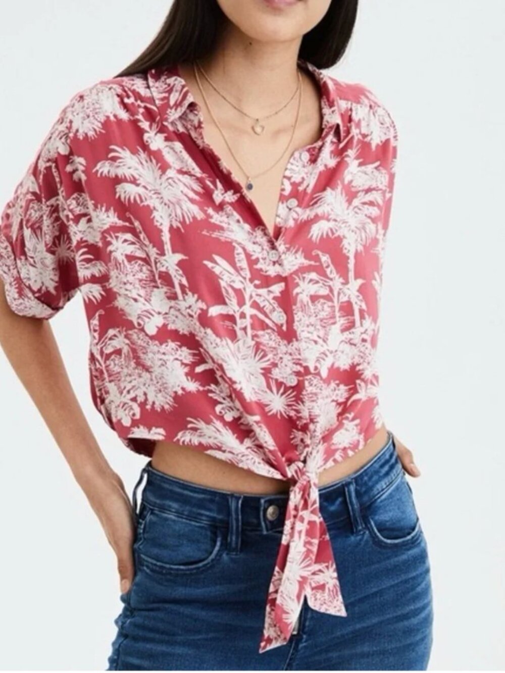 American Eagle Women’s Red Tropical Tie Front Button Down Shirt Size‎ Large NWT